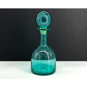 Vintage Teal Blue Glass Decanter with Rope Wrapped Globe Stopper